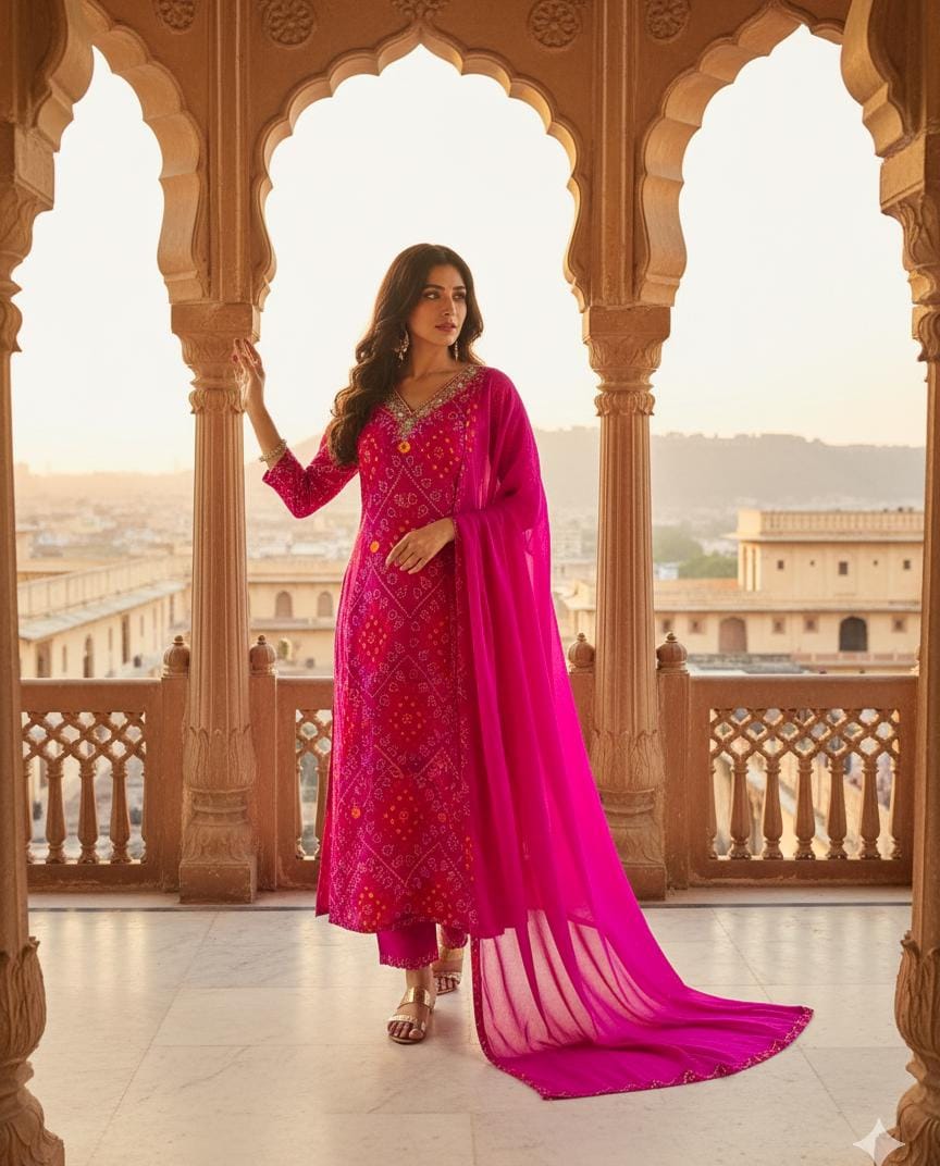 Rani Pink Bandhani Print Salwar Suit Set with Embroidered Gota Patti Neckline