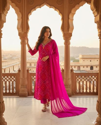 Rani Pink Bandhani Print Salwar Suit Set with Embroidered Gota Patti Neckline