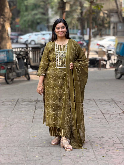 Rust & Olive Handblock Kurta Pant Dupatta Set