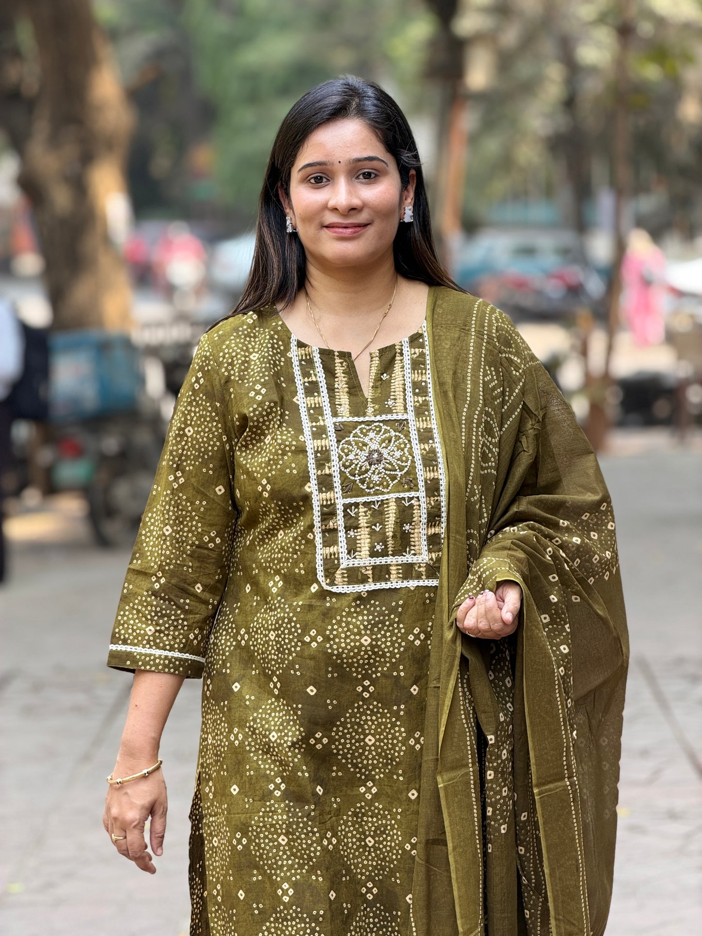 Rust & Olive Handblock Kurta Pant Dupatta Set
