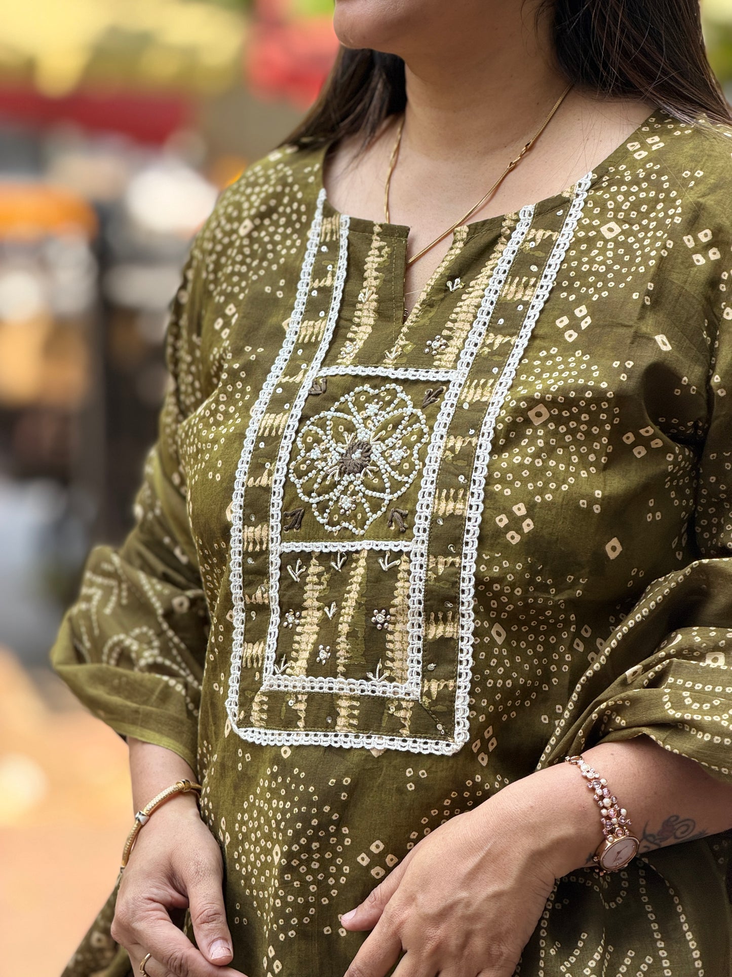 Rust & Olive Handblock Kurta Pant Dupatta Set