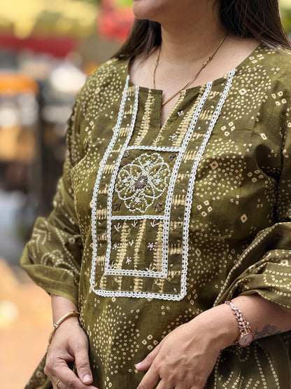 Rust & Olive Handblock Kurta Pant Dupatta Set