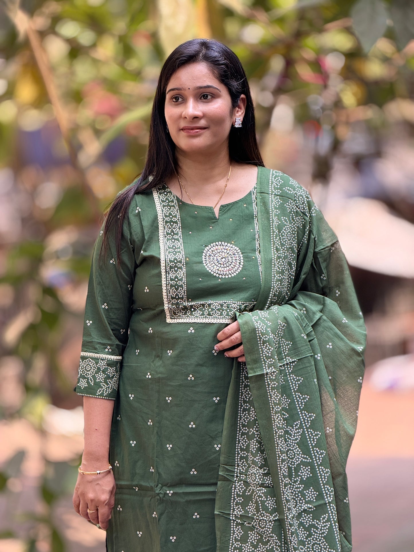 Dark Green Bandhani Print Suit Set