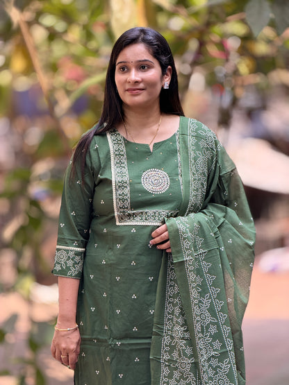 Dark Green Bandhani Print Suit Set
