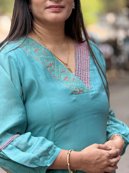 Aqua Blue Grace Embroidered Kurta Set