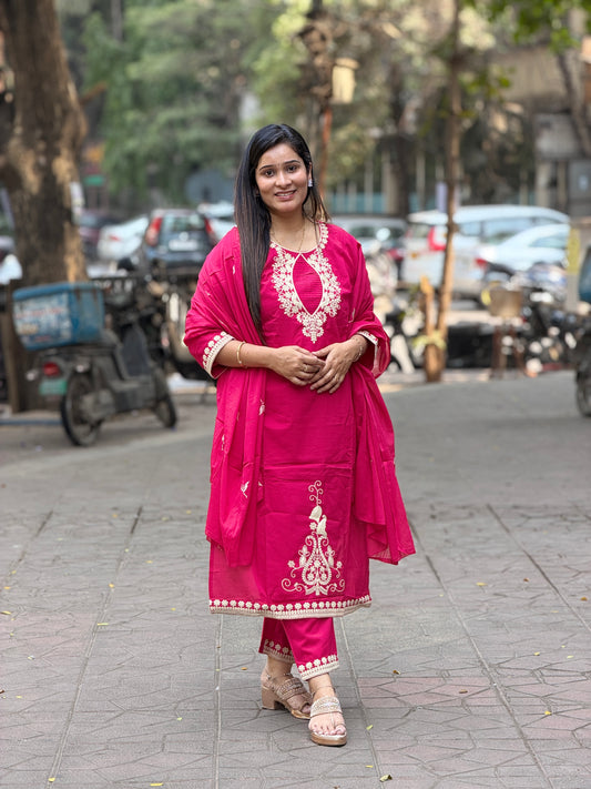 Fuchsia Muse Hand-Embroidered Kurta Set