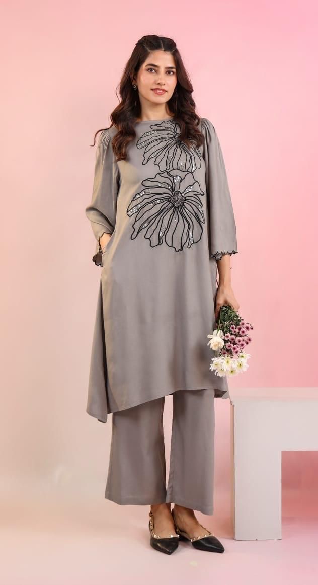 Slate Grey Floral Embroidered Co-ord Set