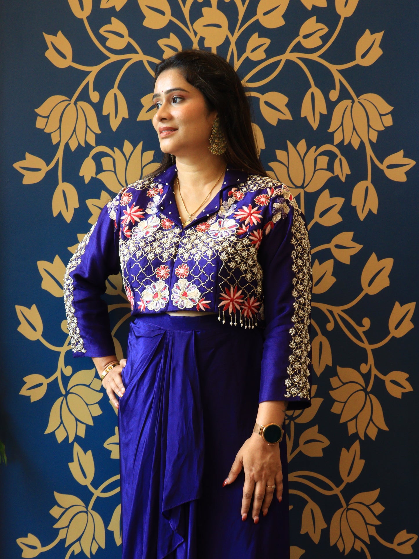 Embroidered Drape Skirt Set