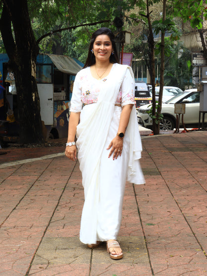 White Drape Saree with Hand-Embroidered Blouse