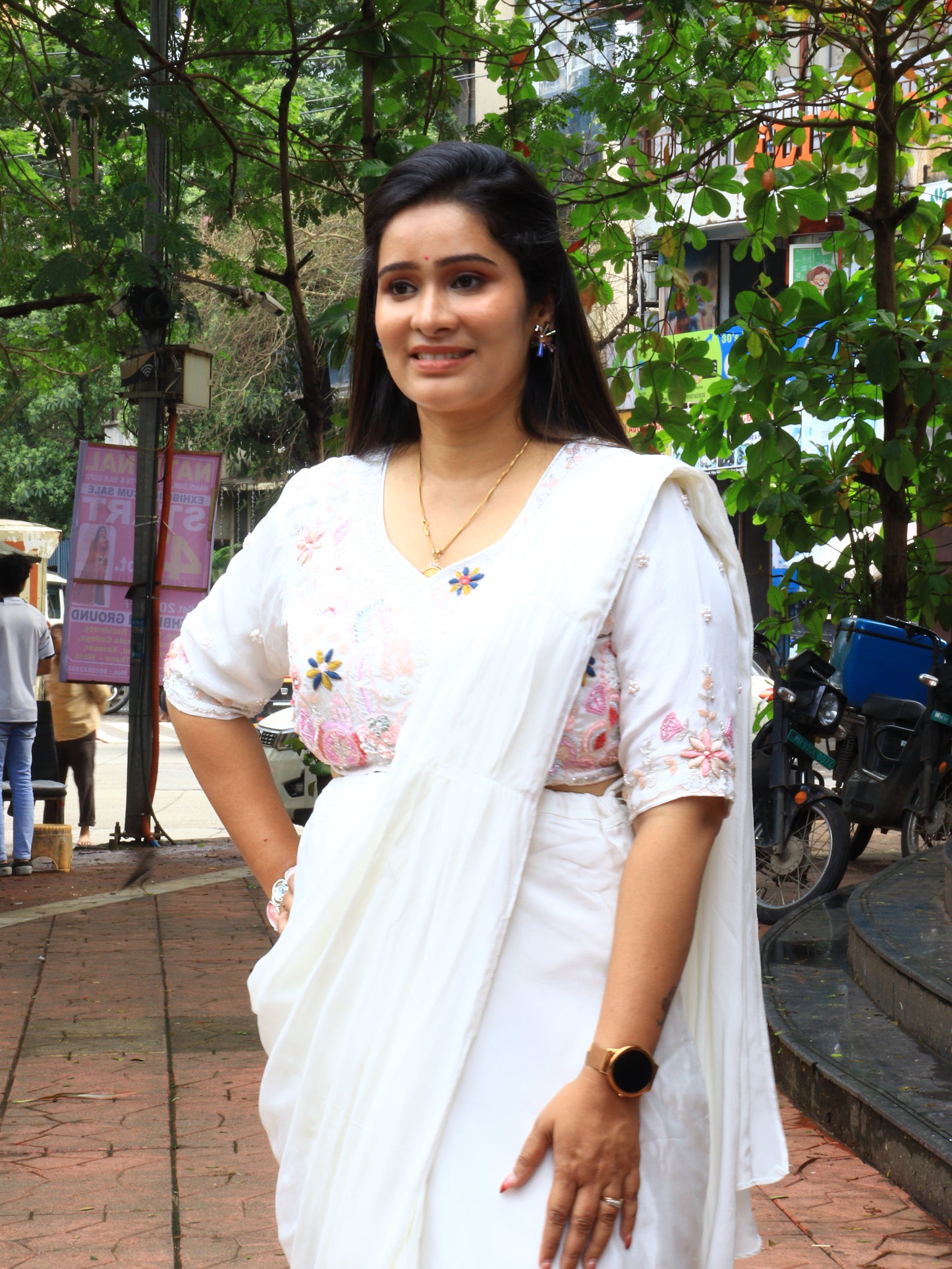 White Drape Saree with Hand-Embroidered Blouse