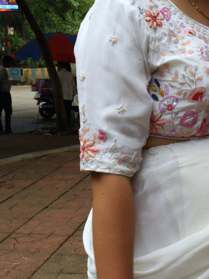 White Drape Saree with Hand-Embroidered Blouse