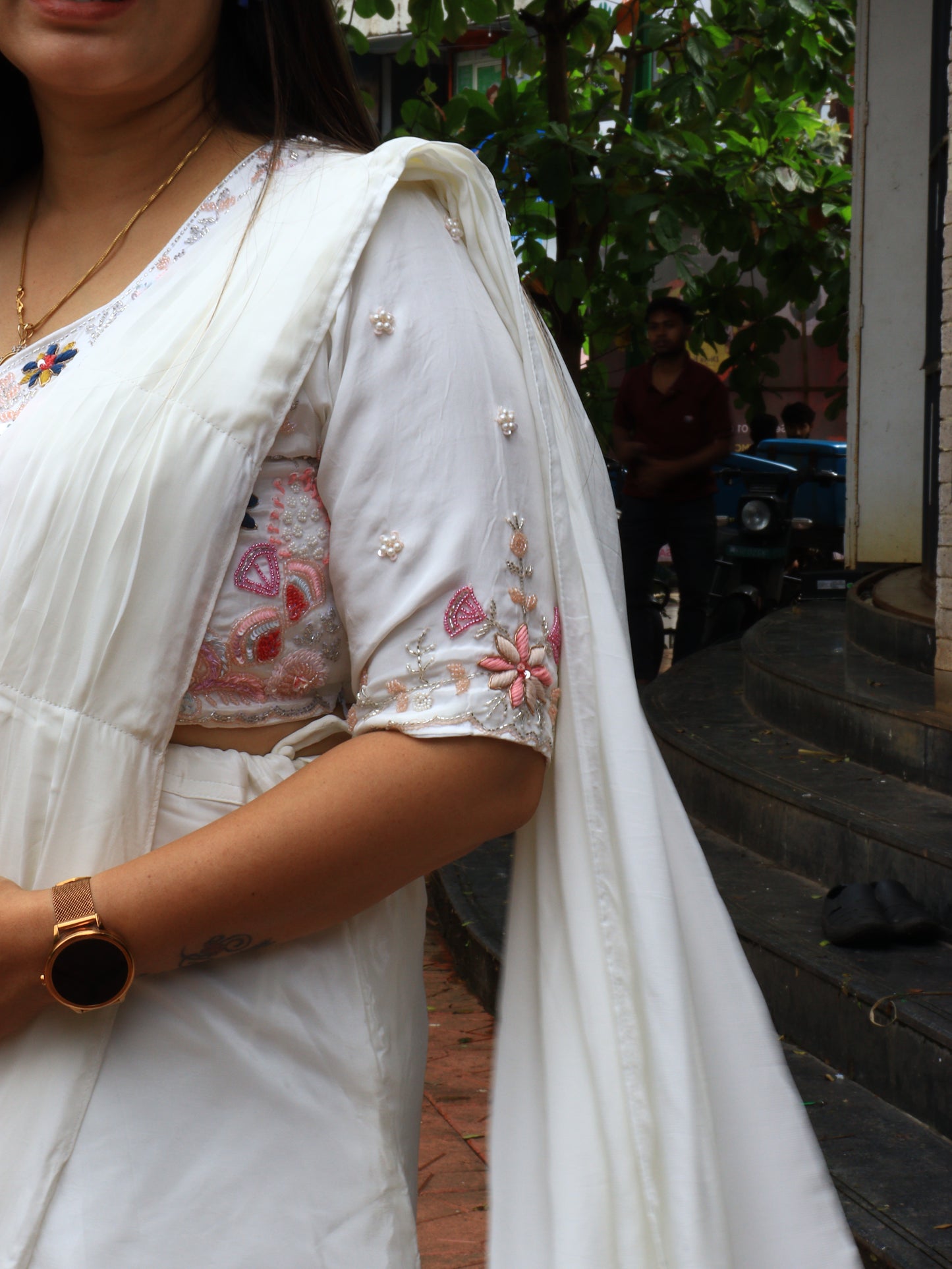 White Drape Saree with Hand-Embroidered Blouse