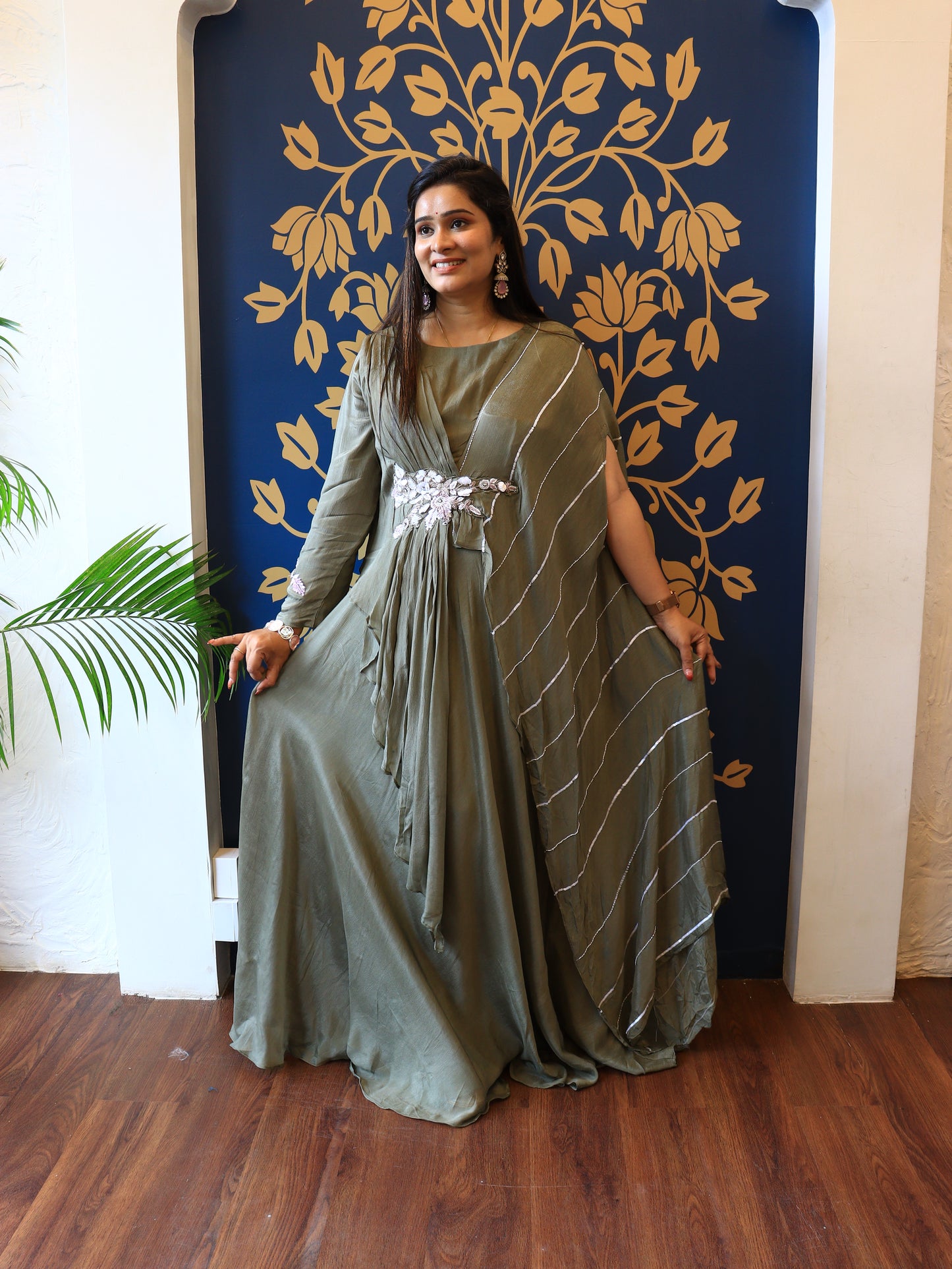 Olive Green Drape Gown