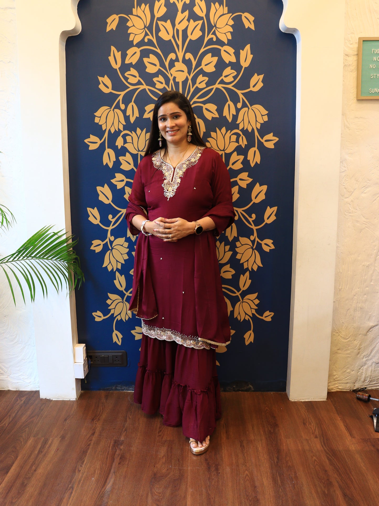 Embroidered Sharara Set in Wine & Navy Blue