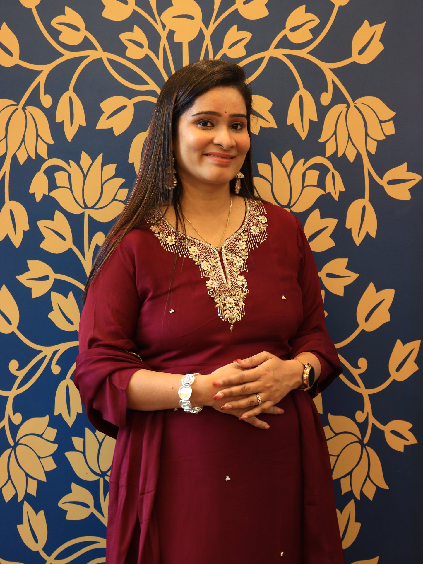 Embroidered Sharara Set in Wine & Navy Blue