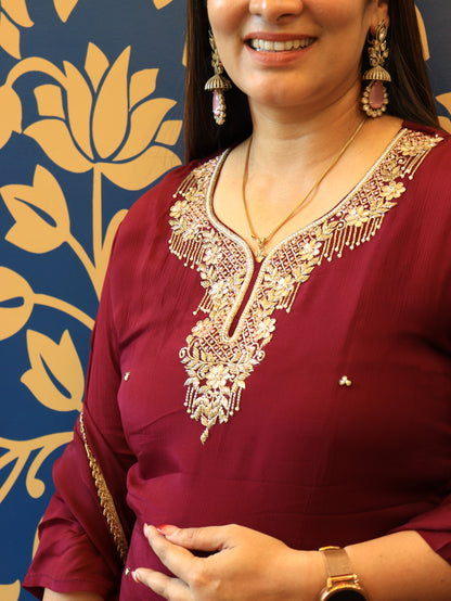 Embroidered Sharara Set in Wine & Navy Blue