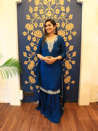 Embroidered Sharara Set in Wine & Navy Blue