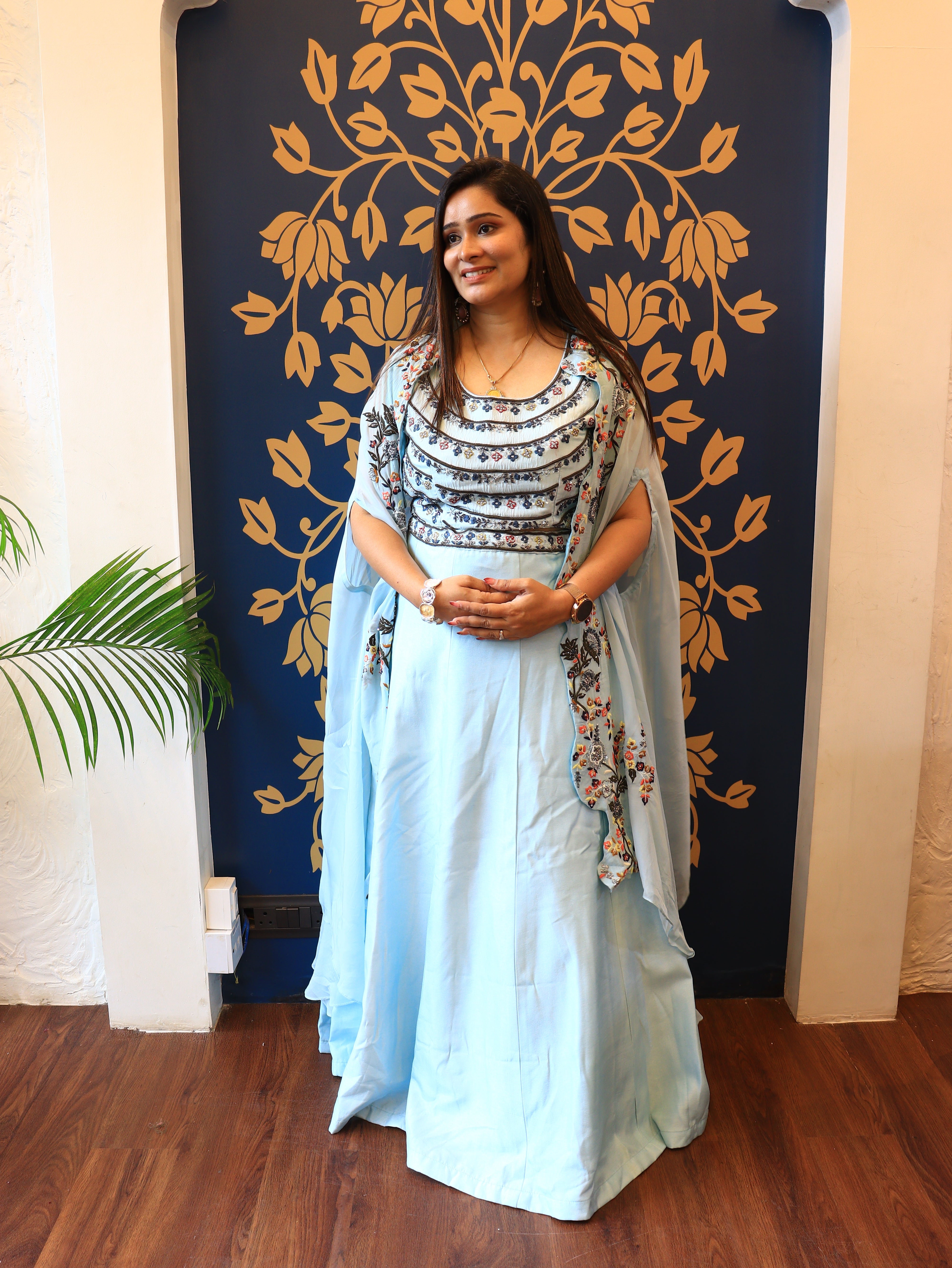 Ice Blue Embroidered Cape Skirt Blouse Set