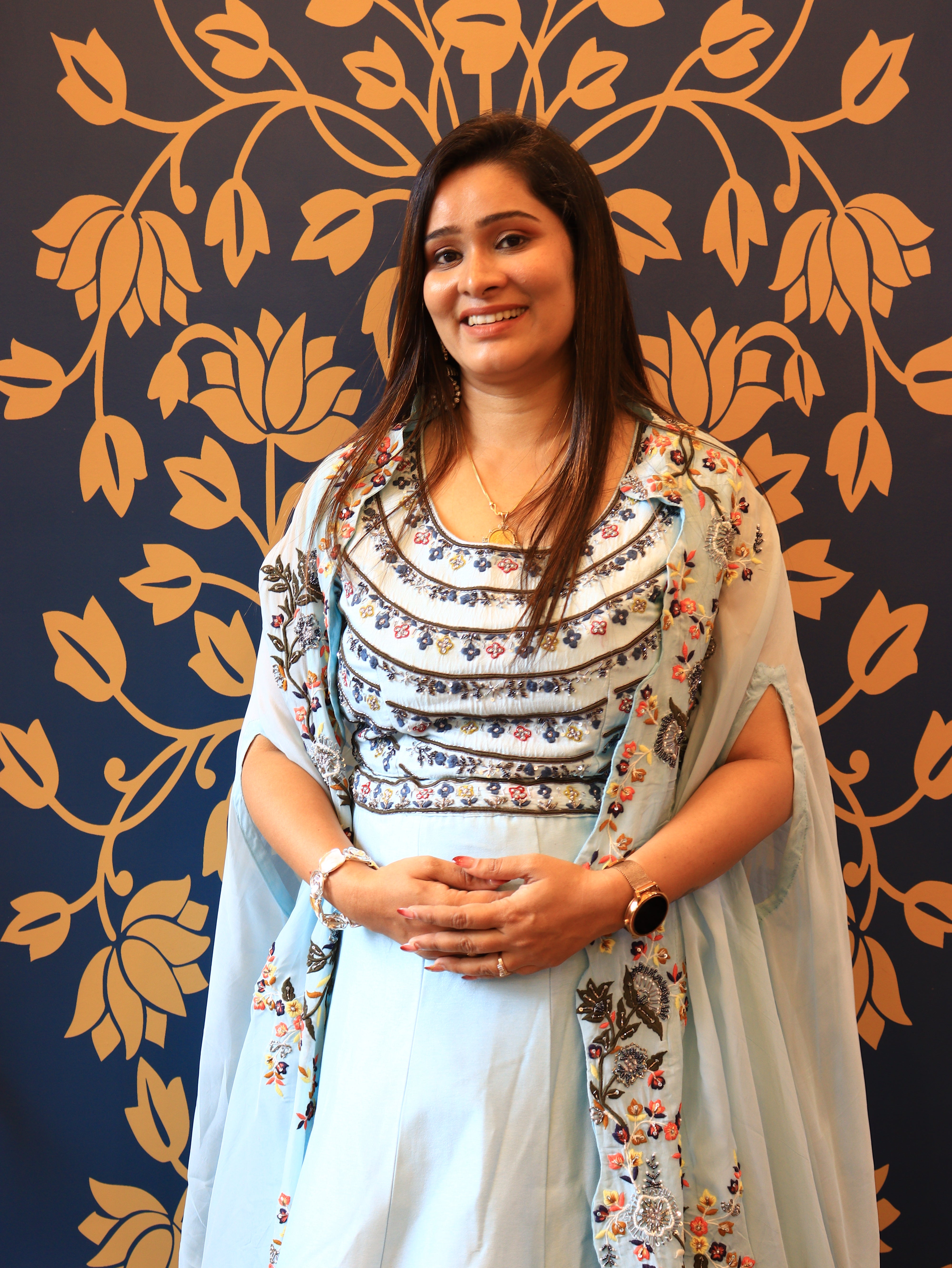 Ice Blue Embroidered Cape Skirt Blouse Set