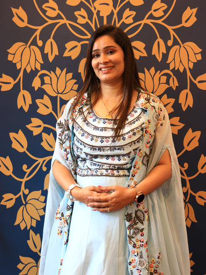 Ice Blue Embroidered Cape Skirt Blouse Set