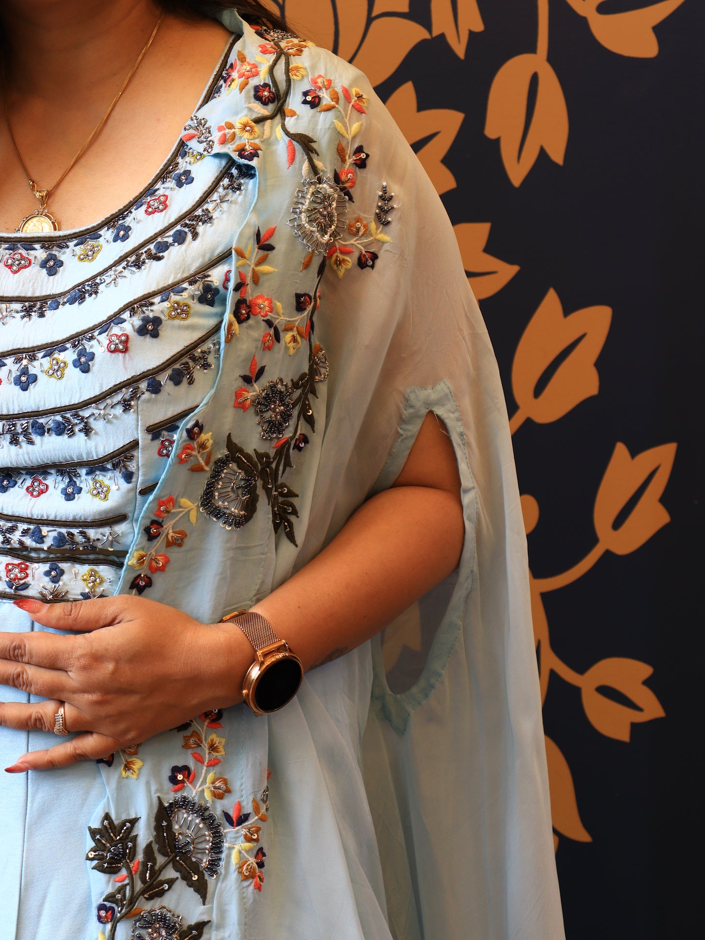 Ice Blue Embroidered Cape Skirt Blouse Set