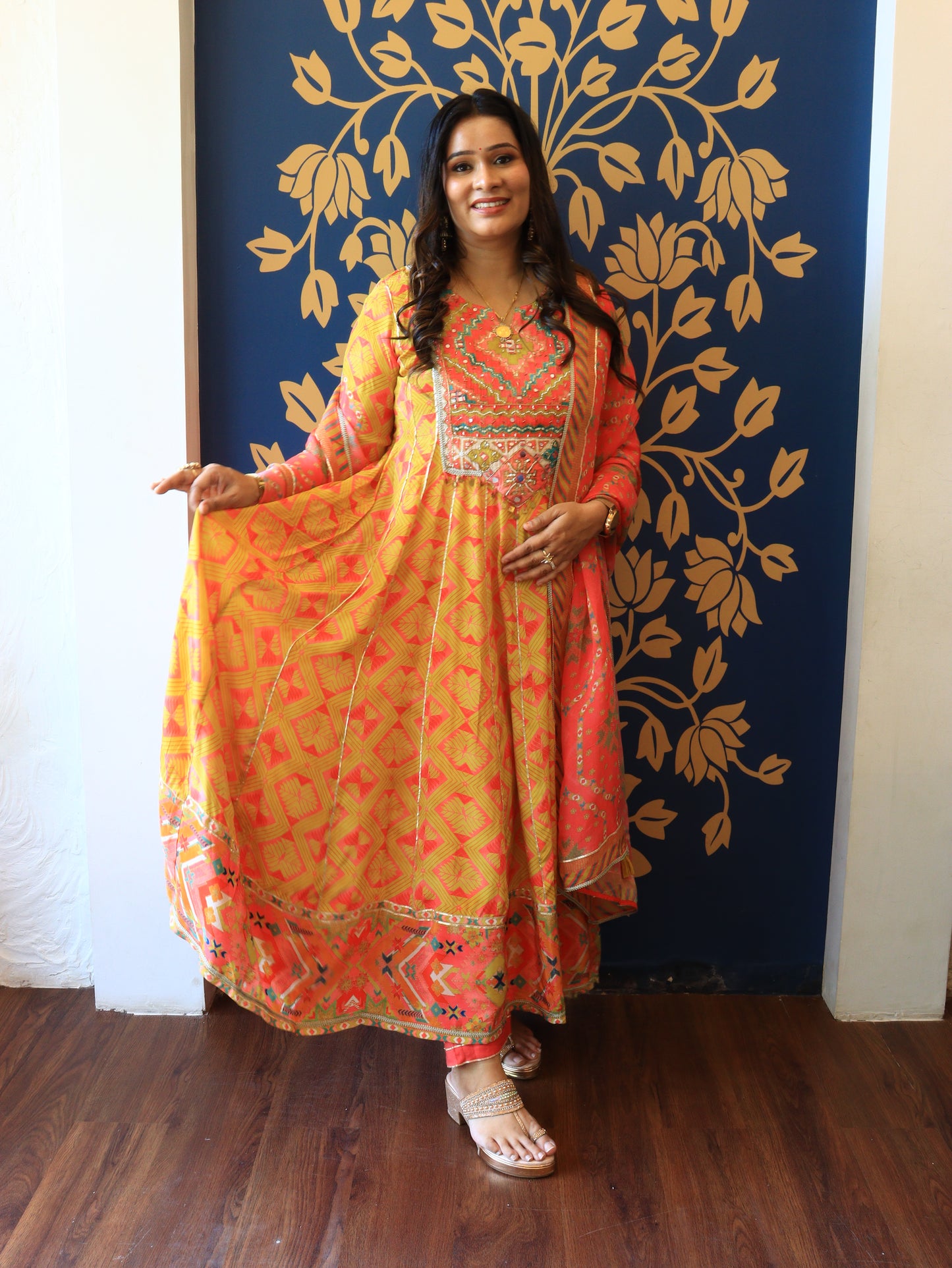Vibrant Yellow Mirror Work Anarkali Set