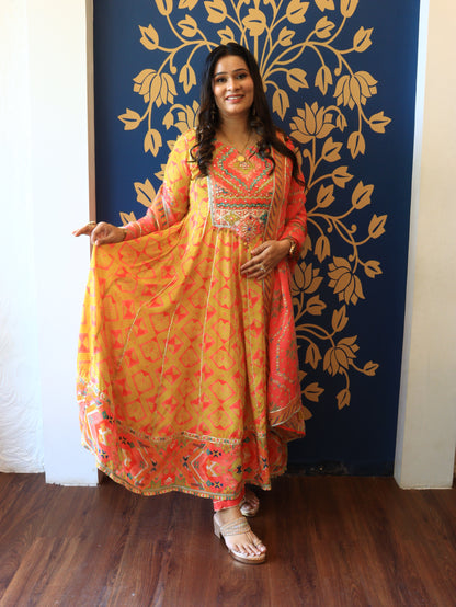 Vibrant Yellow Mirror Work Anarkali Set