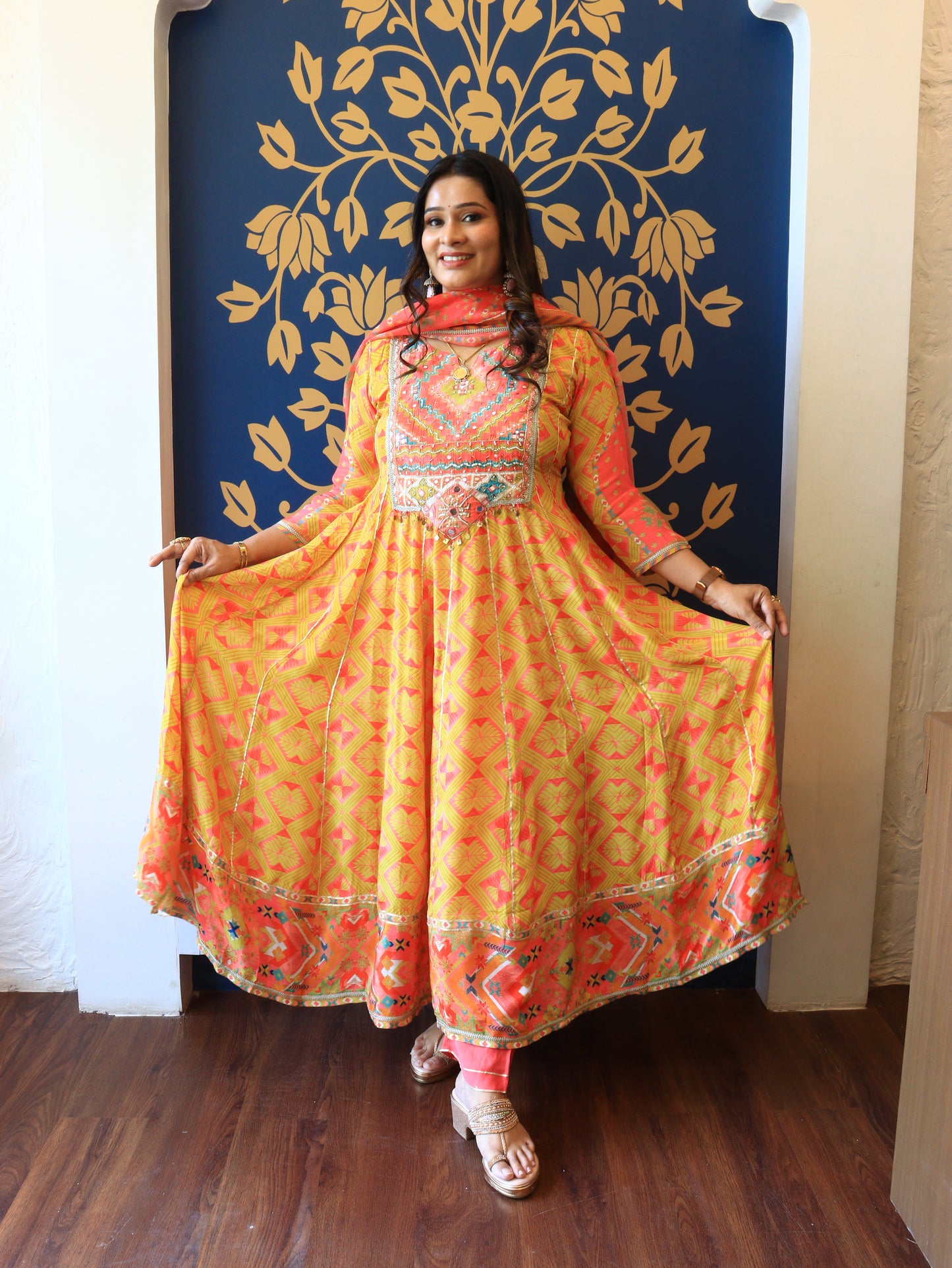 Vibrant Yellow Mirror Work Anarkali Set
