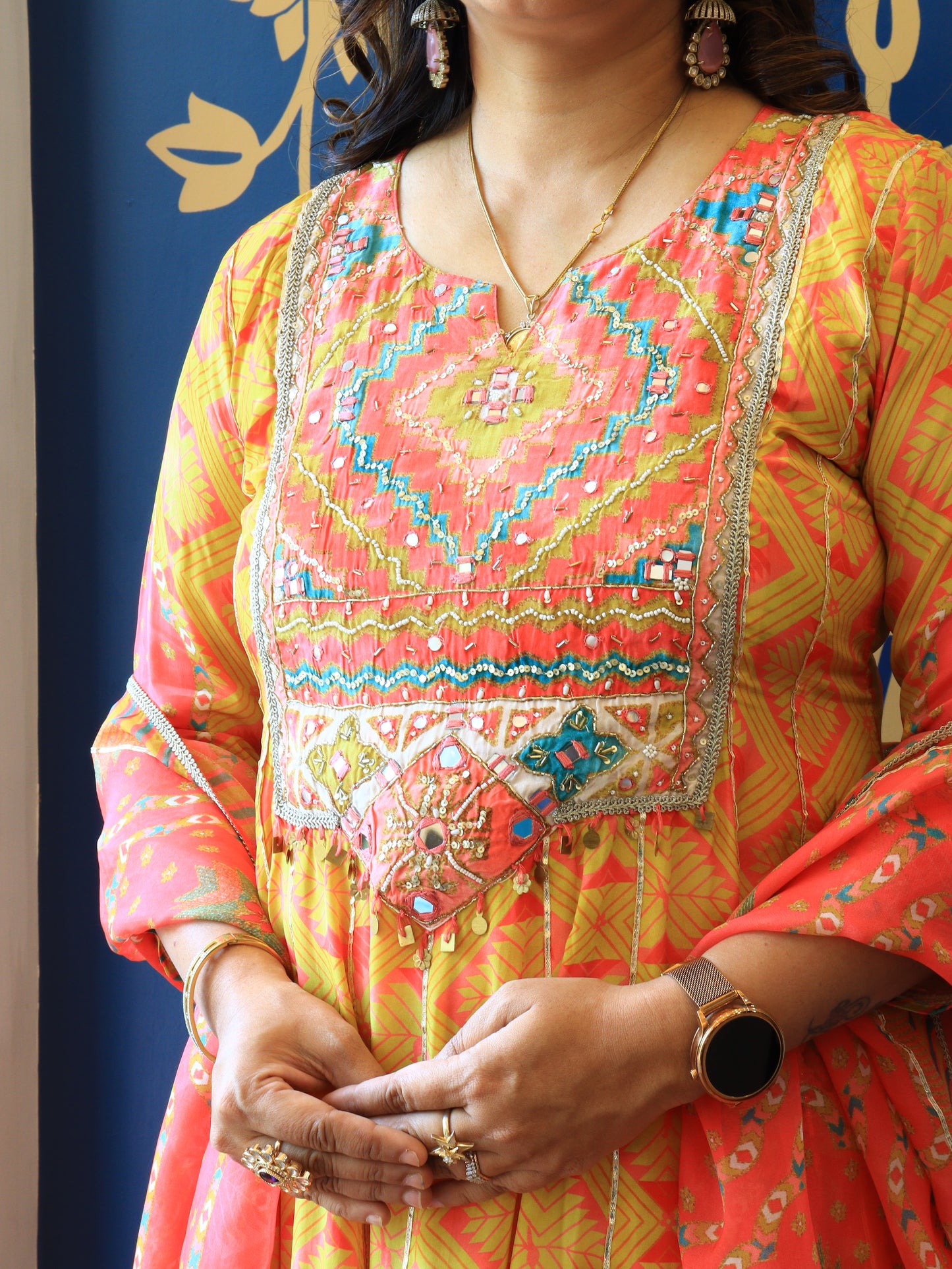 Vibrant Yellow Mirror Work Anarkali Set