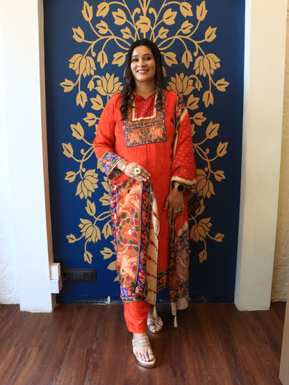 Orange Embroidered Kurta Set with Printed Dupatta