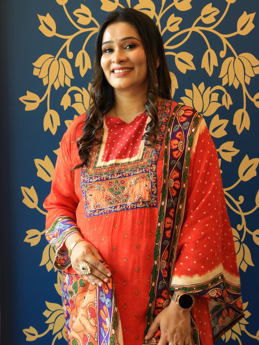 Orange Embroidered Kurta Set with Printed Dupatta
