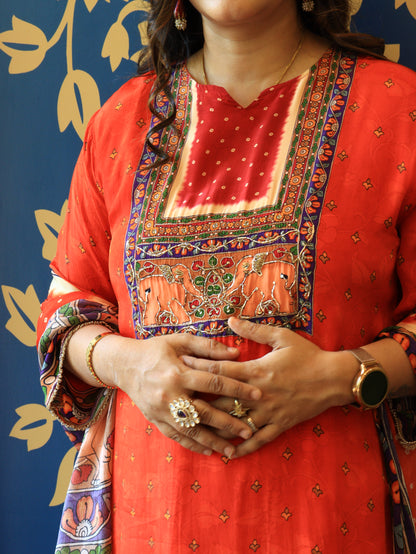 Orange Embroidered Kurta Set with Printed Dupatta