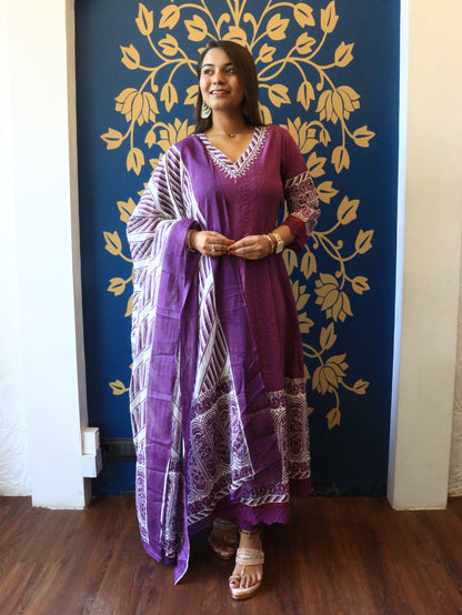 Amara Purple Chikankari Cotton Anarkali Set