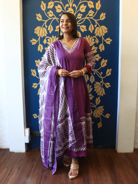 Amara Purple Chikankari Cotton Anarkali Set