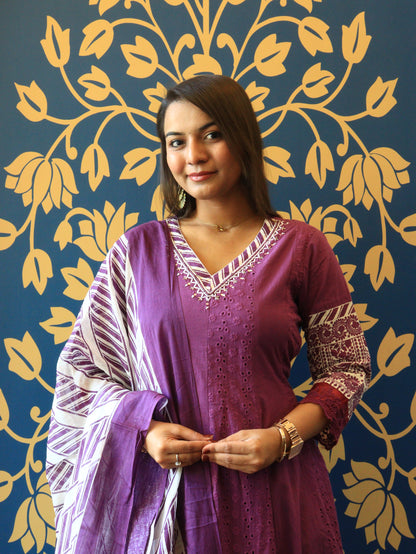 Amara Purple Chikankari Cotton Anarkali Set