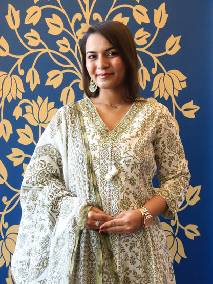 Elegant Sage Green Floral Anarkali Kurta Set