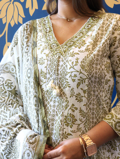 Elegant Sage Green Floral Anarkali Kurta Set