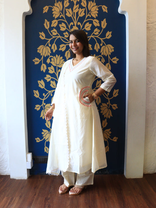 Ivory Cotton Chanderi A-Line Kurta Set with Scalloped Lace Dupatta