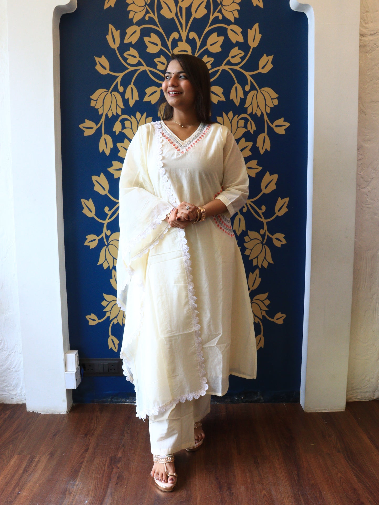 Ivory Cotton Chanderi A-Line Kurta Set with Scalloped Lace Dupatta