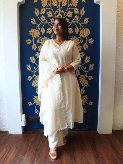 Ivory Cotton Chanderi A-Line Kurta Set with Scalloped Lace Dupatta