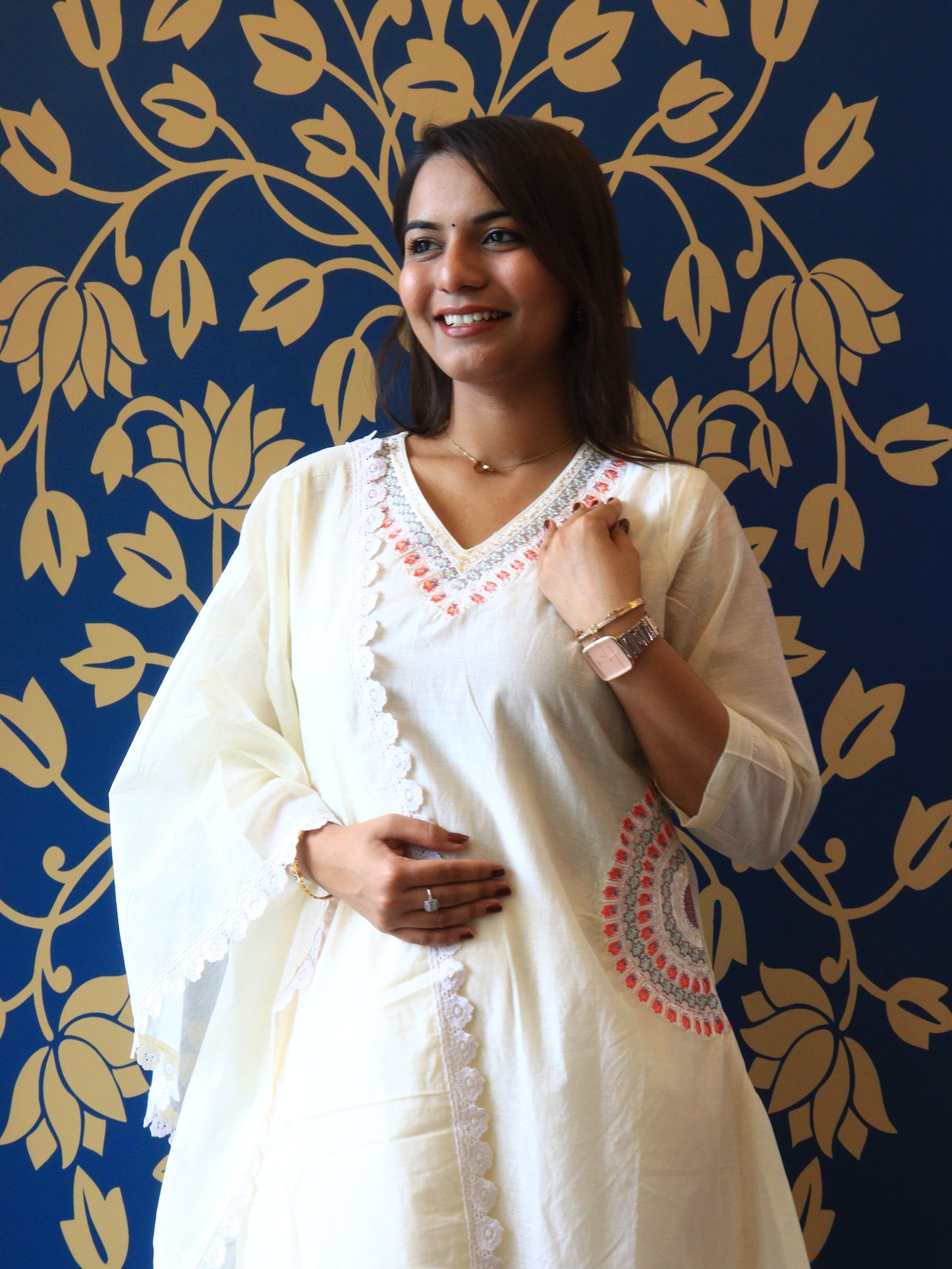 Ivory Cotton Chanderi A-Line Kurta Set with Scalloped Lace Dupatta