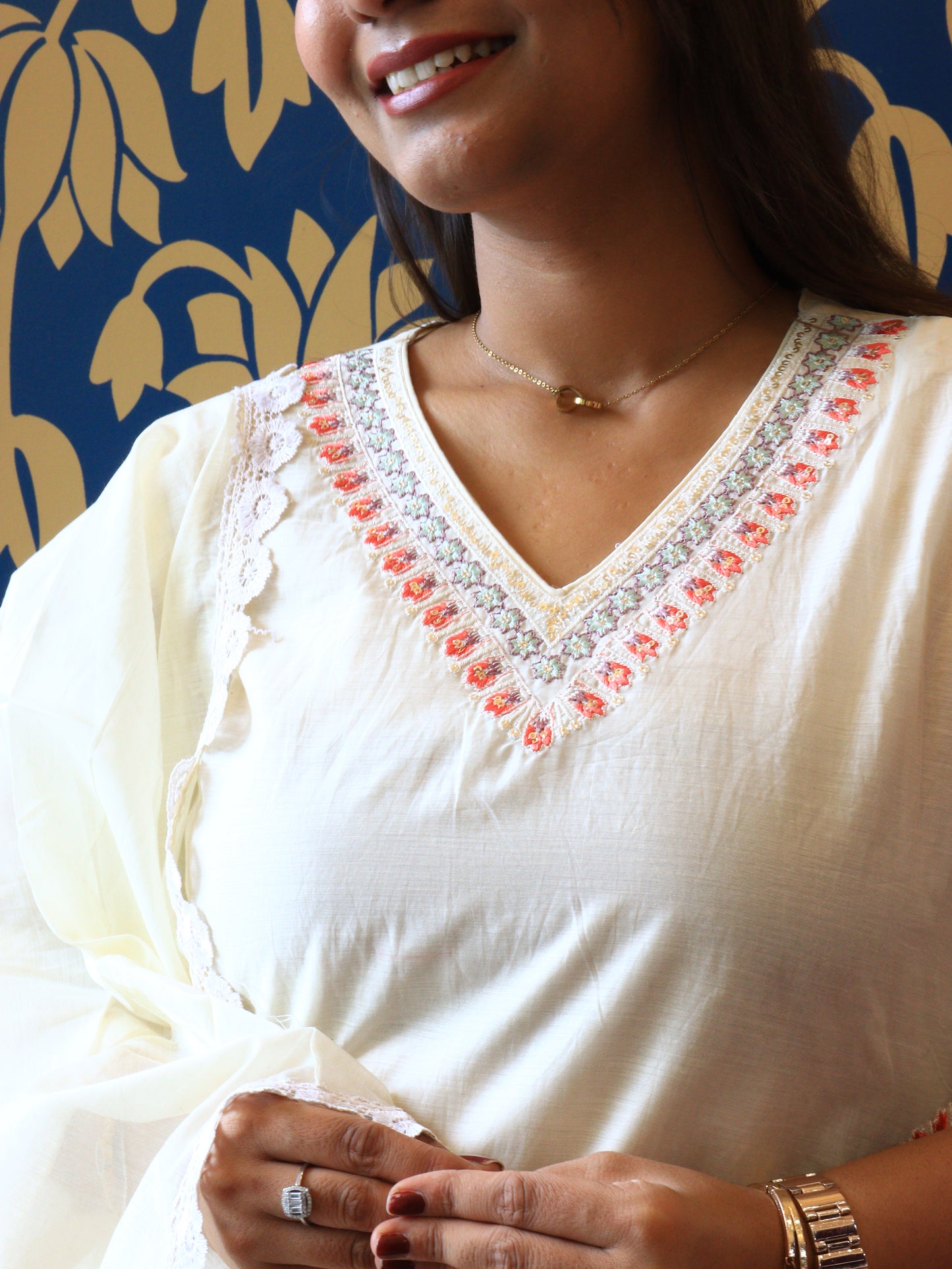 Ivory Cotton Chanderi A-Line Kurta Set with Scalloped Lace Dupatta