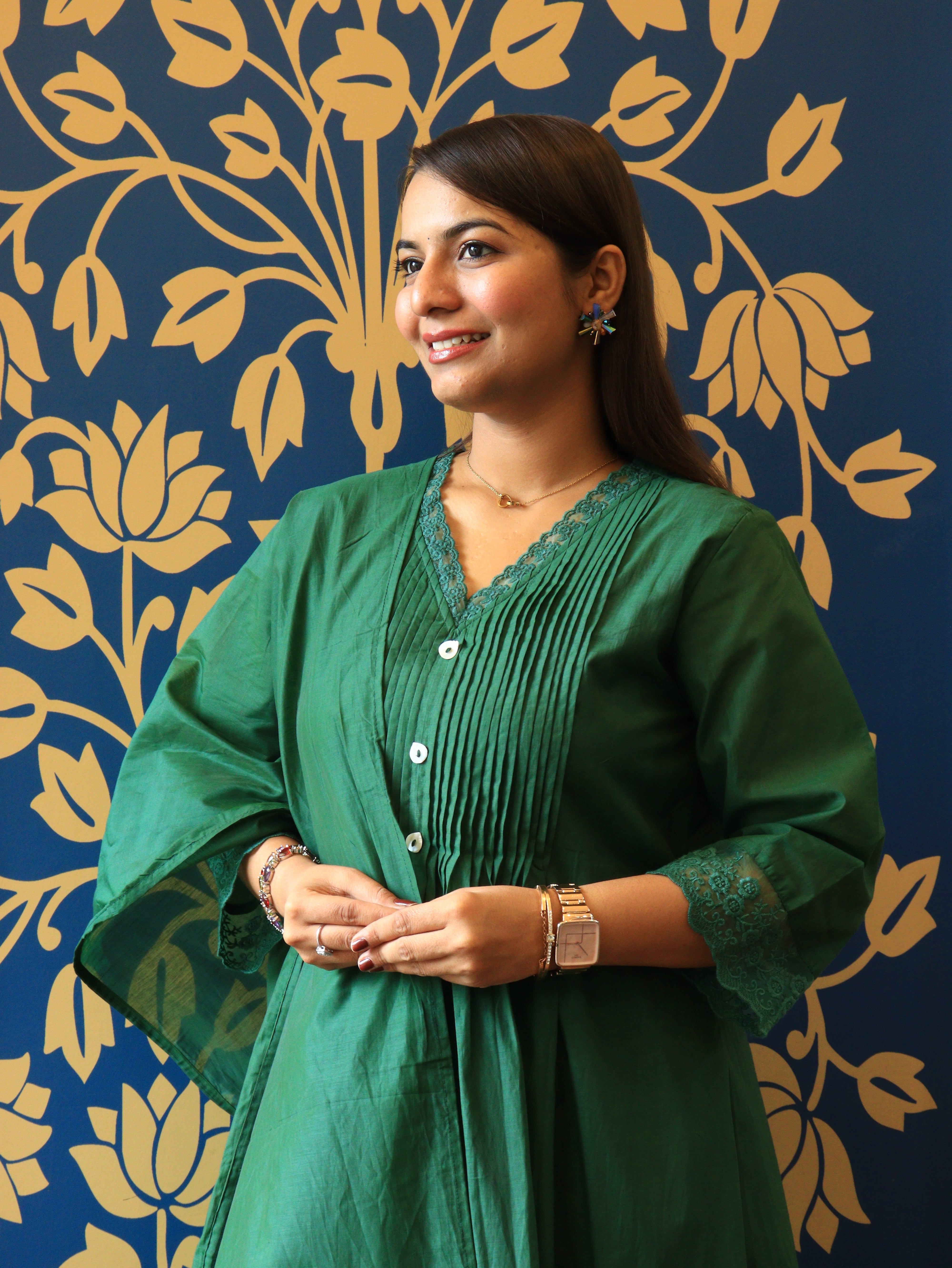 Emerald Grace 3-Piece Pleated Kurta Set