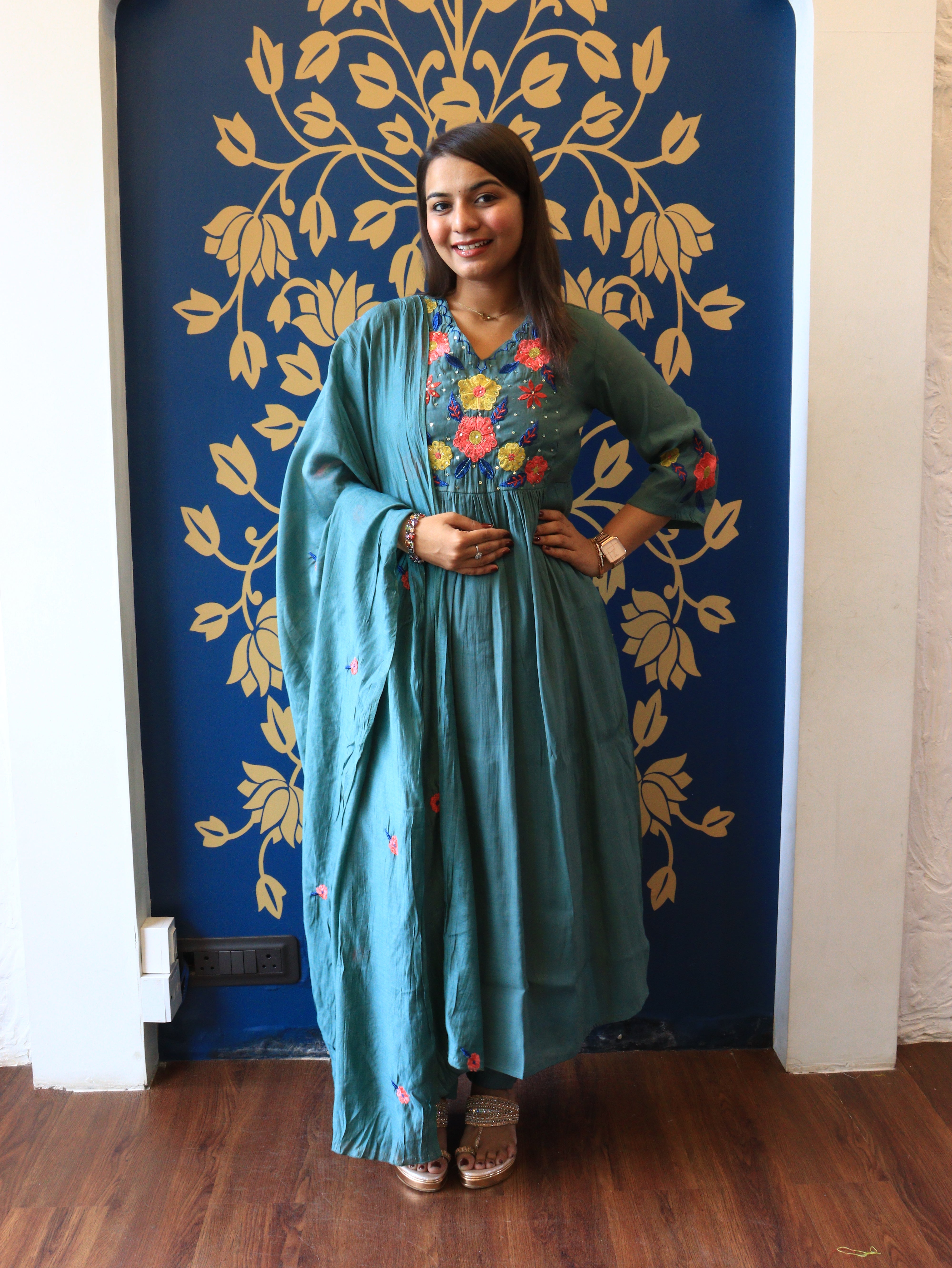 Dusty Teal Floral Handwork Kurta Set