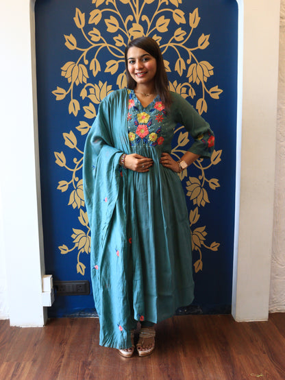 Dusty Teal Floral Handwork Kurta Set
