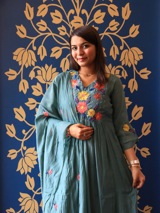 Dusty Teal Floral Handwork Kurta Set