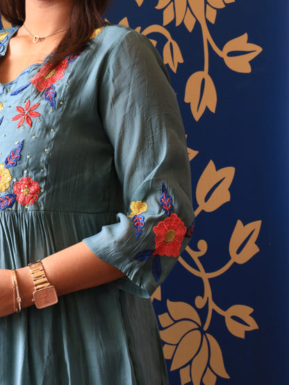 Dusty Teal Floral Handwork Kurta Set