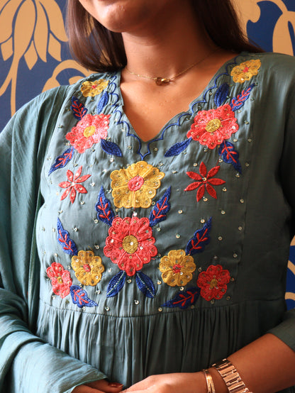 Dusty Teal Floral Handwork Kurta Set