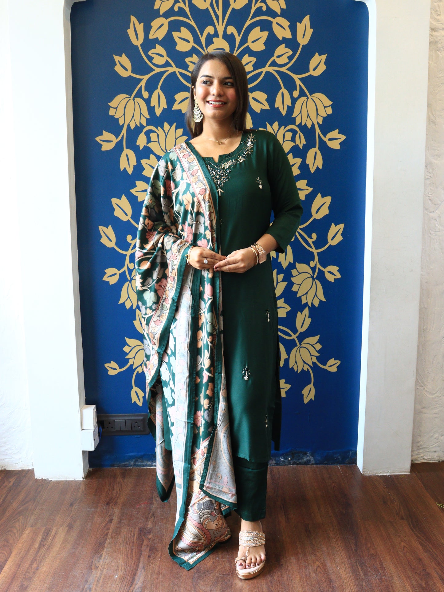 Embroidered Silk Straight Suit Set with Digital Print Dupatta