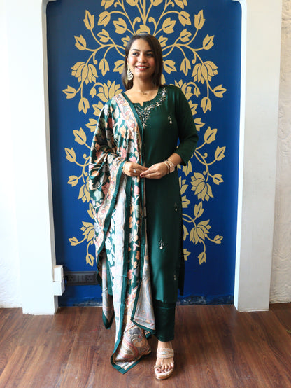 Embroidered Silk Straight Suit Set with Digital Print Dupatta